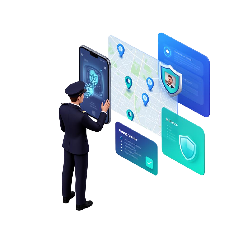 Ilustración de plataforma e-seg con biometría, cobertura y evidencia digital